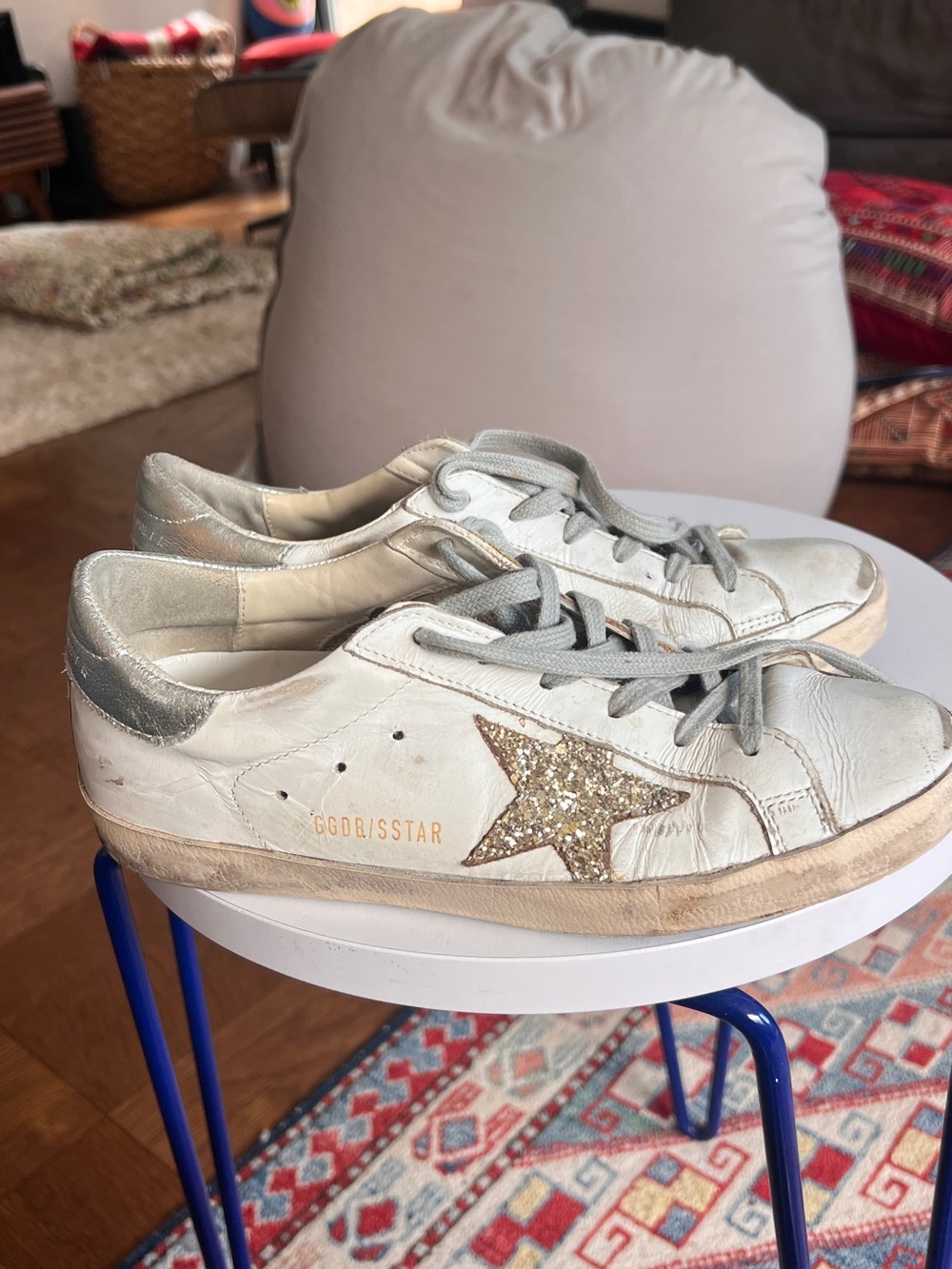 Golden Goose White Leather Superstar Sneakers with Gold Glitter Star